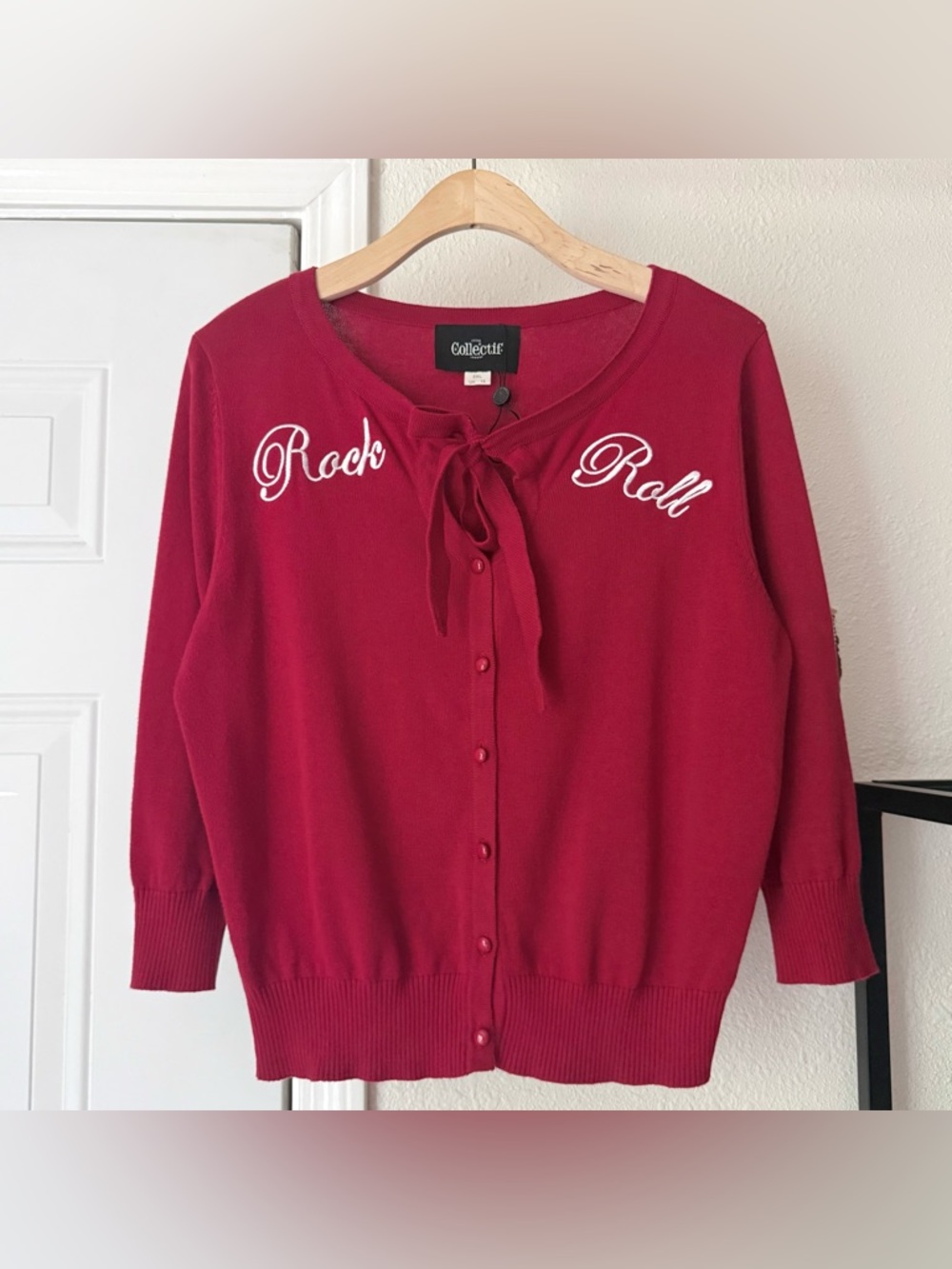 NWOT Collectif Red 'Rock & Roll' Tie-Neck embroidered‎ Cardigan Cotton Sweater